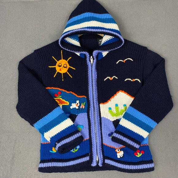 Incas Inc Sweater Hoodie Youth 6 Wool Peru Blue Animals Sun Birds Whimsical - Picture 4 of 15